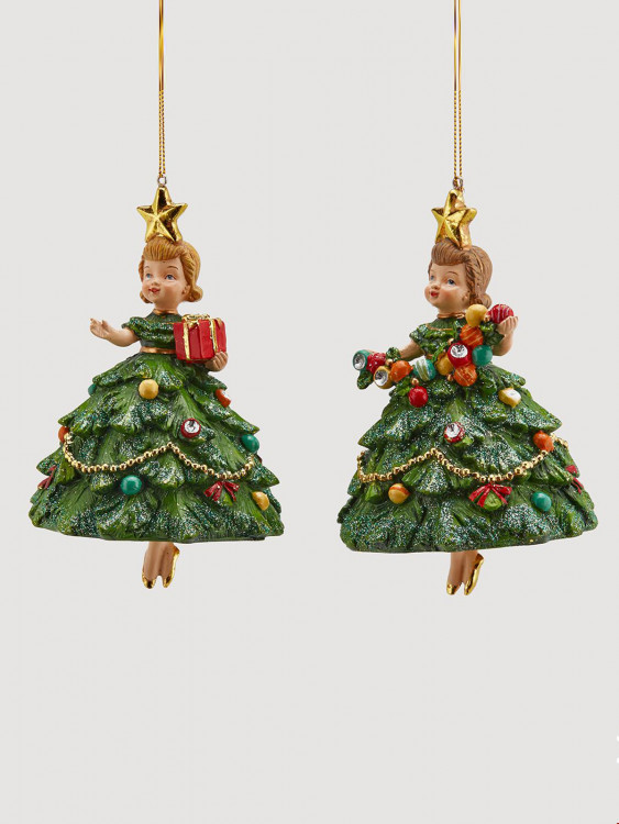 Подвеска новогодняя Девочка-елка с гирляндой h-13см зеленый