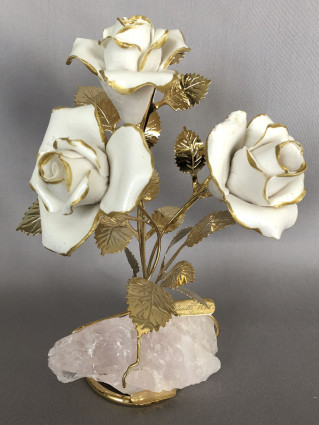 Белые розы h-20 (розовый кварц, золото)