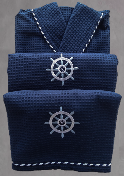 Набір халат з рушниками з вишивкою "Marine", синій