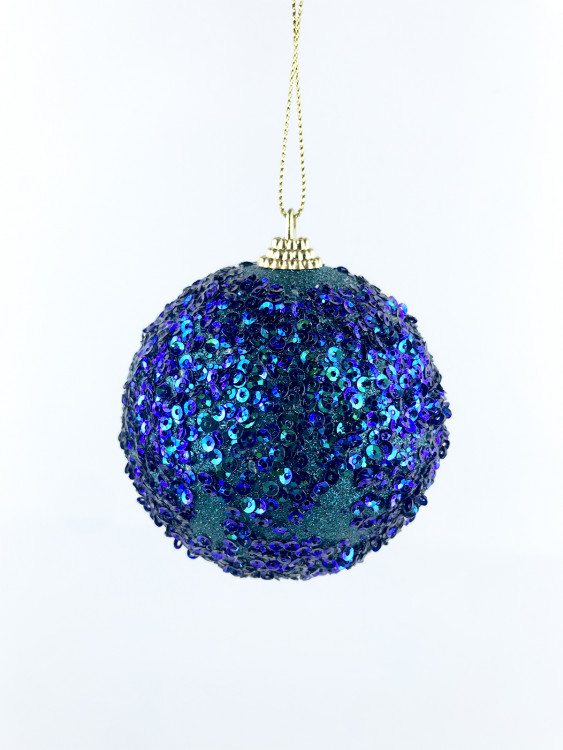 Шар новогодний d-8см синий глиттер и пайетки