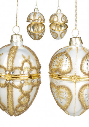 Ялинкова іграшка-скринька Яйце Фаберже h-9cм білий із золотим