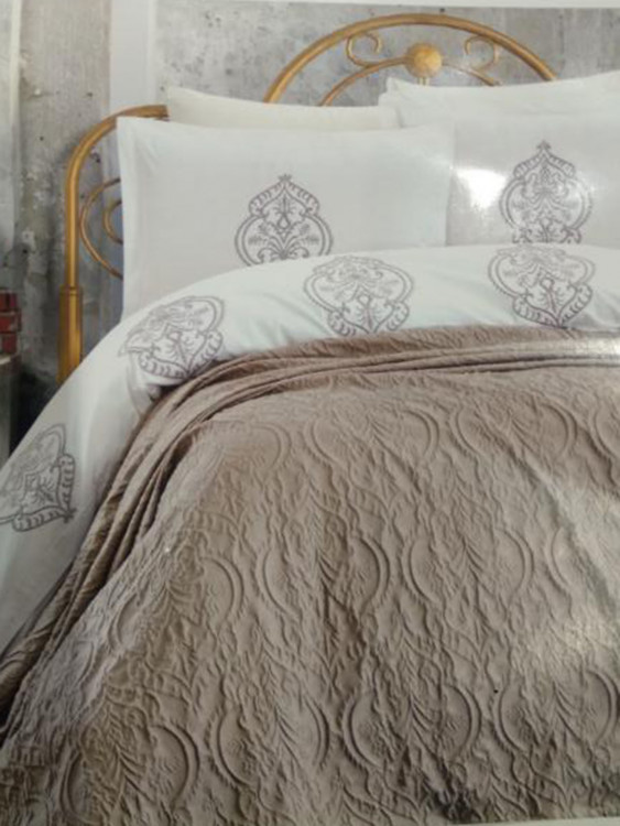 Набор постельного белья с покрывалом Moss евро 7 предметов белый-серый