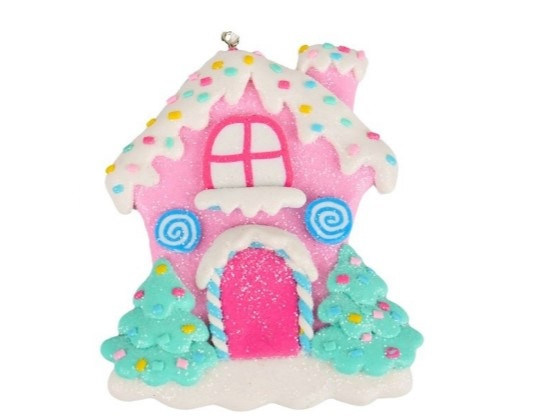 Підвіска "Пряниковий будинок з ялинками" h-10, рожева